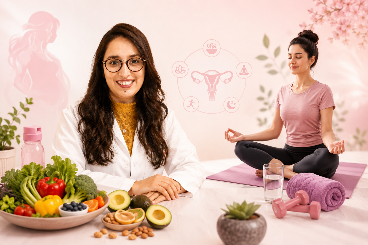 Dr. Kanchi Khurana with healthy foods and lifestyle habits to improve fertility naturally before pregnancy